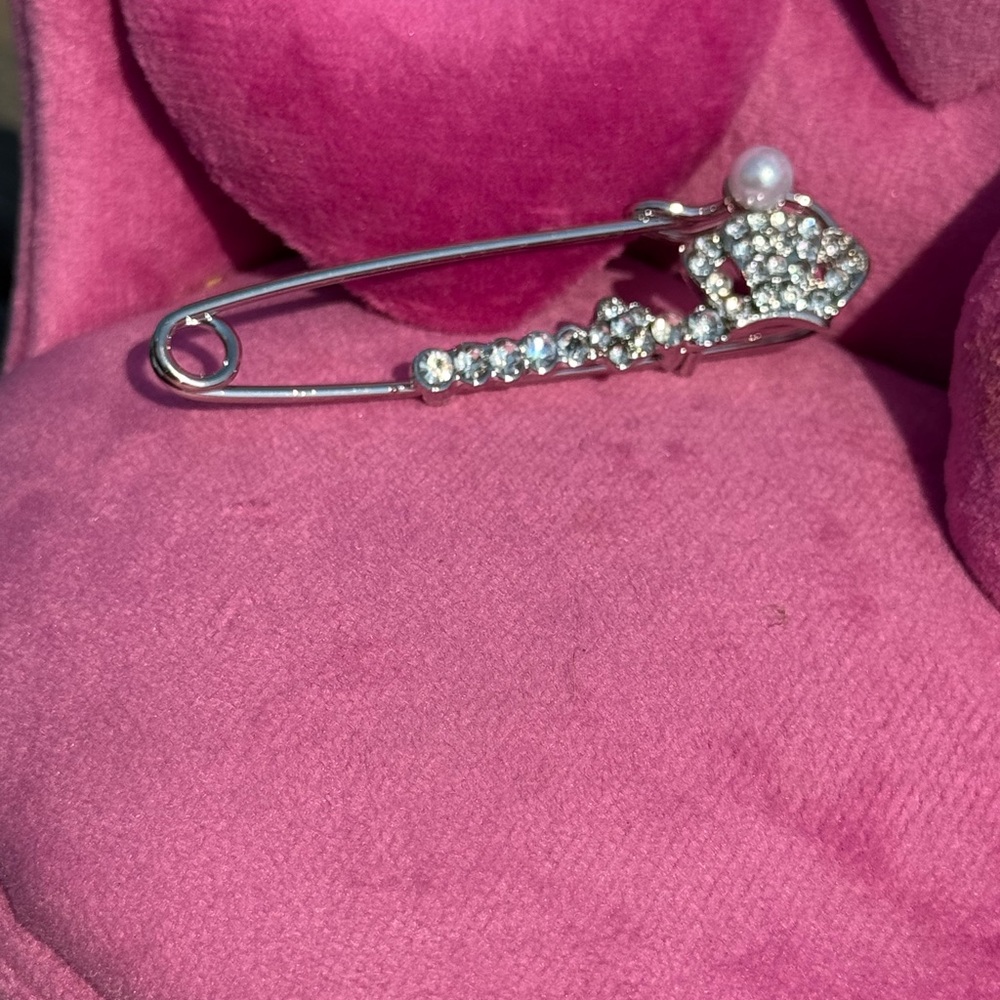 NEW Crown Pearl Elegant Silver and Crystal Rhinestone Safety Pin Brooch